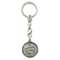 Porte clés médaille de Saint Christophe Rond Argenté ligné Bleu.Fabrication Française