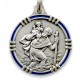 Porte clés médaille de Saint Christophe Rond Argenté ligné Bleu.Fabrication Française