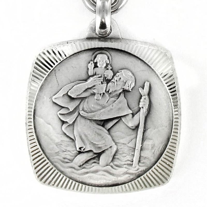 Porte clés médaille de Saint Christophe Carré et Diamanté Argenté.  Fabrication Artisanale Française.