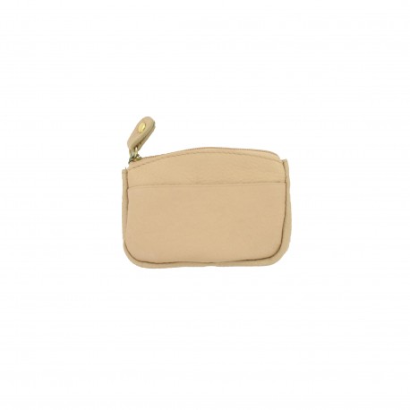 Porte-Monnaie Porte-Clés Beige en Cuir Véritable