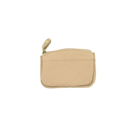 Porte-Monnaie Porte-Clés Beige en Cuir Véritable