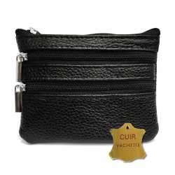 Porte-Monnaie Multi-poches Noir en Cuir Véritable