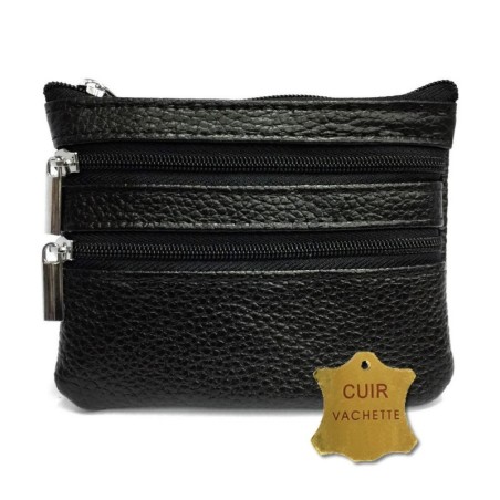 Porte-Monnaie Multi-poches Noir en Cuir Véritable