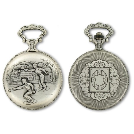 Montre de Poche à Thème Décor Joueurs de Pétanque en Palladium Viel Argent Made in France