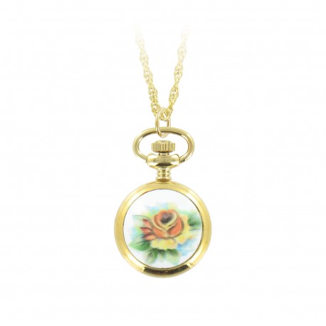 Montre de Poche Pendentif Dame Dorée Décor Fleurs Made in France