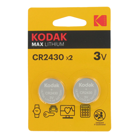 Blister de 2 Piles bouton CR2430 Lithium Max 3 Volts Kodak