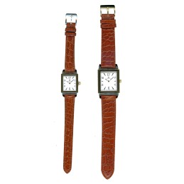 Duo de Montres Homme et Femme Rectangulaires en Acier Bicolore avec Cadran Blanc chiffres arabes et Index 3ATM