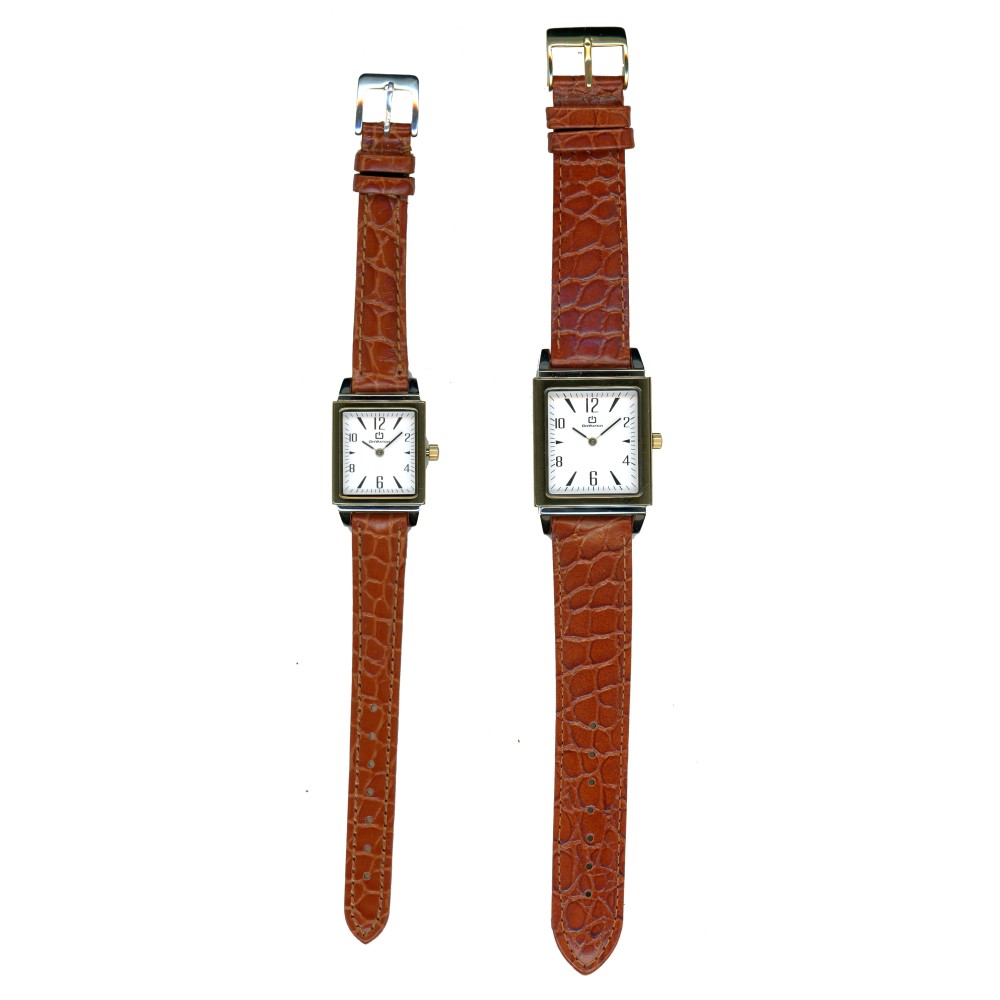 Duo de Montres Homme et Femme Rectangulaires en Acier Bicolore avec Cadran Blanc chiffres arabes et Index 3ATM Duo de Montres Homme et Femme Rectangulaires en Acier Bicolore avec Cadran Blanc chiffres arabes et Index 3ATM