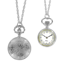 Montre Pendentif Dame Argentée Décor Fleurs Made In France